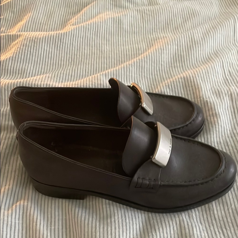Black Leather Loafers with Silver Buckle